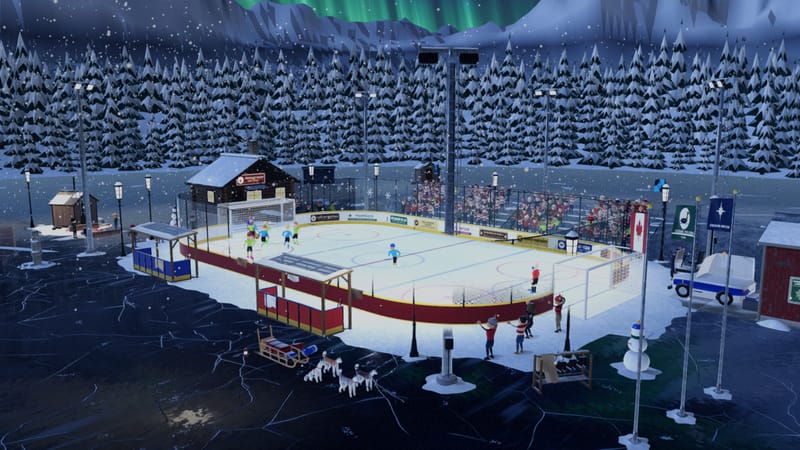 A match on a frozen outdoor rink in a snowy pine forest under a green aurora.