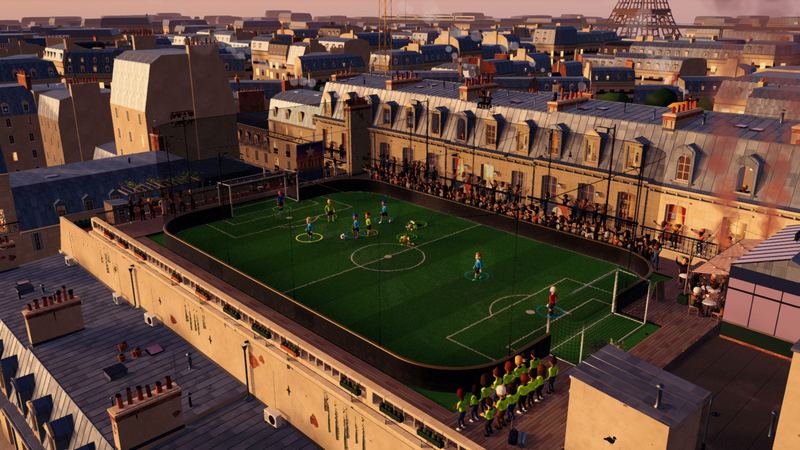 A pitch laid across zinc rooftops at sunset, chimneys and mansard windows around it, a tower on the skyline.